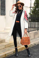 Double Take Geometric Fringe Hem Open Front Duster Cardigan - Ladyez