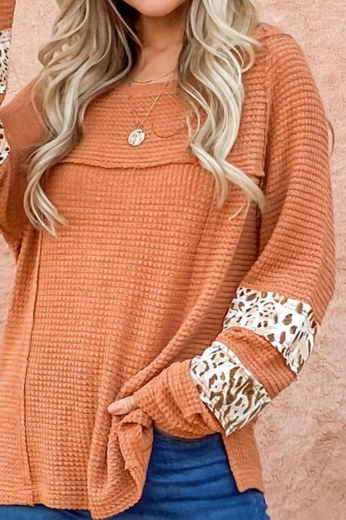 Waffle-Knit Leopard Long Sleeve Slit Blouse - Ladyez