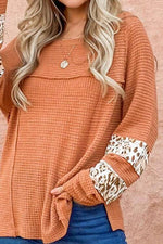Waffle-Knit Leopard Long Sleeve Slit Blouse - Ladyez