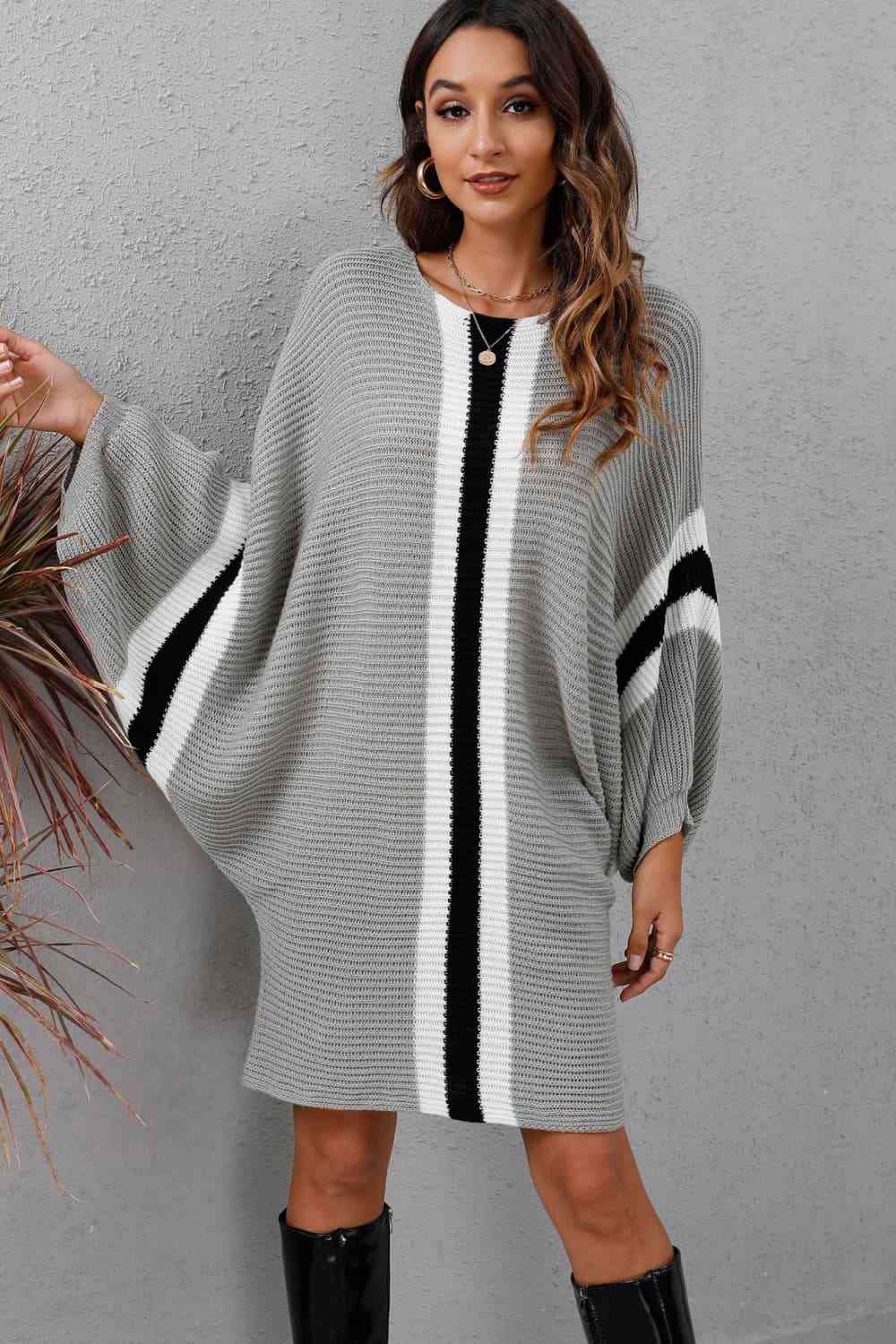 Ribbed Round Neck Long Sleeve Sweater Dress - Ladyez