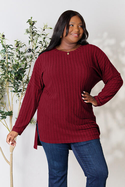 Basic Bae Full Size Ribbed Round Neck Long Sleeve Slit Top - Ladyez