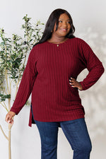 Basic Bae Full Size Ribbed Round Neck Long Sleeve Slit Top - Ladyez