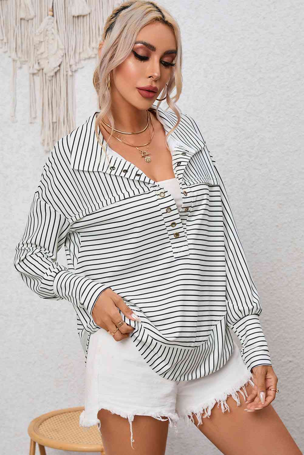 Full Size Striped Collared Top - Ladyez