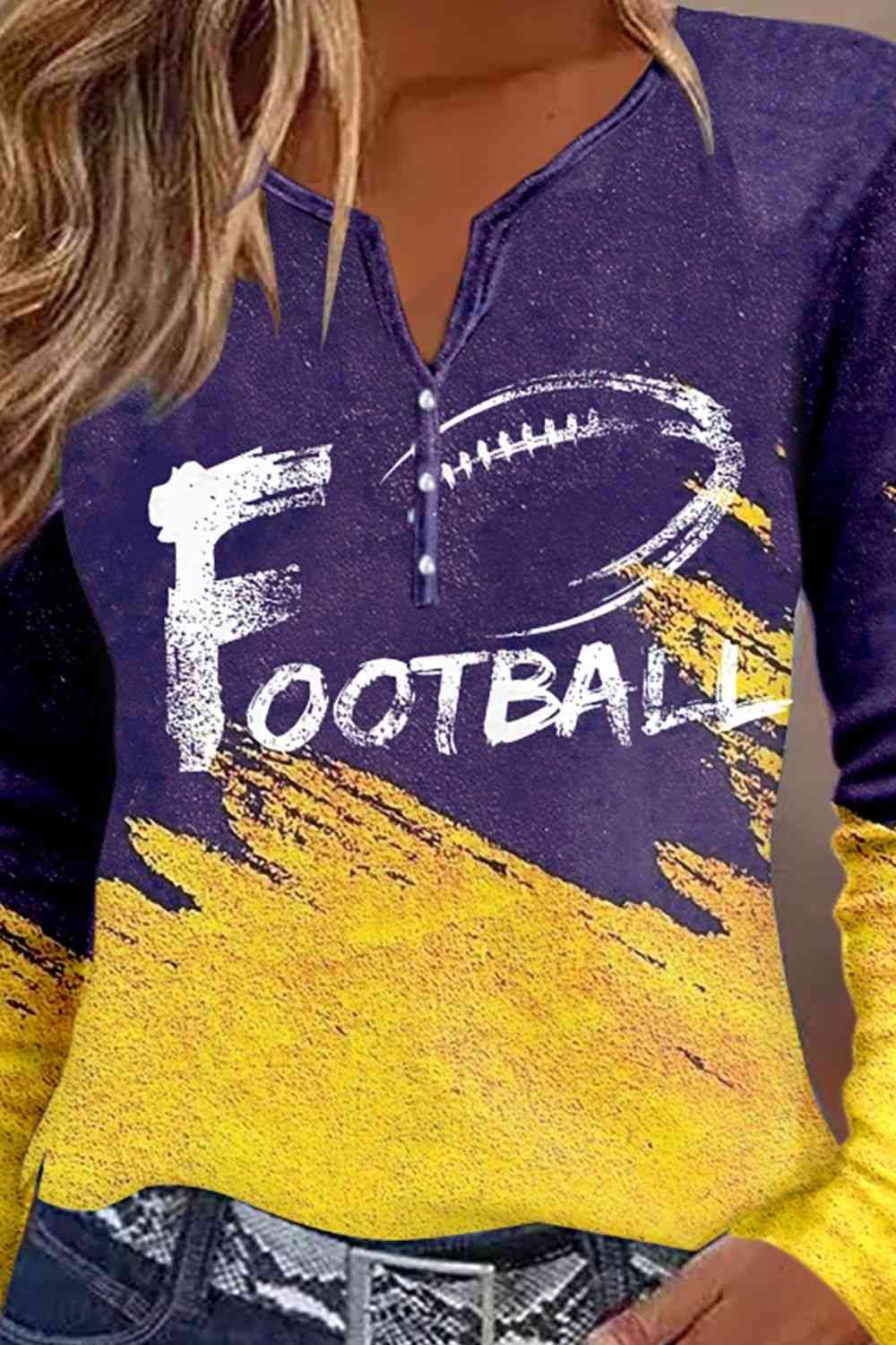 FOOTBALL Graphic Notched Neck Long Sleeve T-Shirt - Ladyez