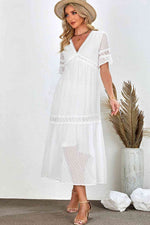 Swiss Dot V-Neck Short Sleeve Midi Dress - Ladyez