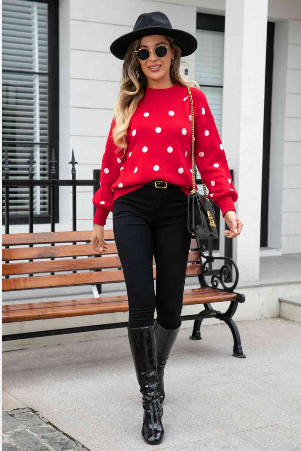 Woven Right Polka Dot Round Neck Dropped Shoulder Sweater - Ladyez