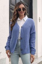 Button Down Ribbed Trim Cardigan - Ladyez