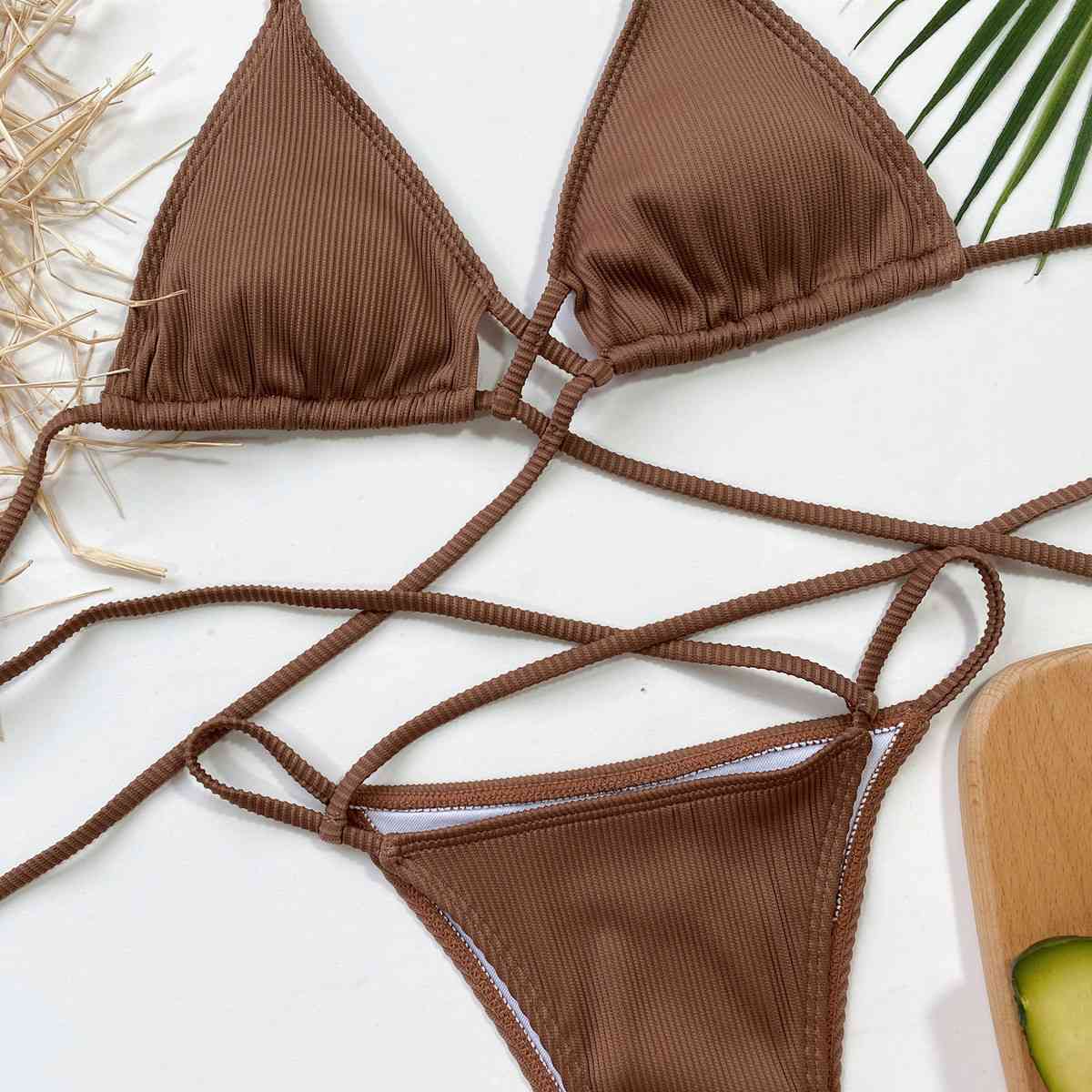 Halter Neck Crisscross Ribbed Bikini Set - Ladyez