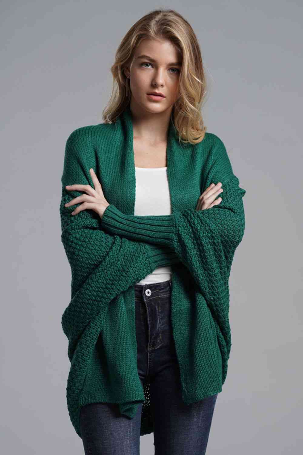 Double Take Dolman Sleeve Open Front Ribbed Trim Longline Cardigan - Ladyez