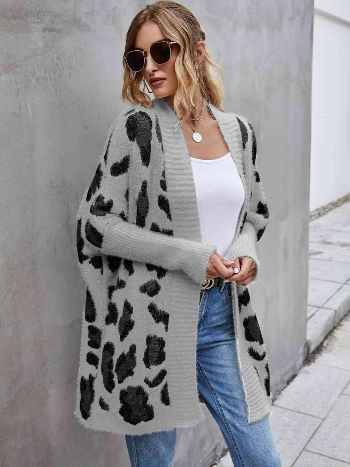 Leopard Pattern Fuzzy Cardigan - Ladyez