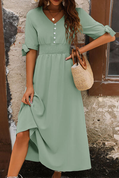 Smocked Quarter Button Short Sleeve Dress - Ladyez