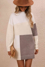 Color Block Mock Neck Dropped Shoulder Sweater Dress - Ladyez