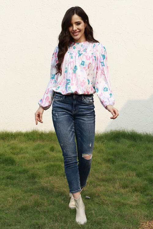 Floral Smocked Balloon Sleeve Round Neck Blouse - Ladyez