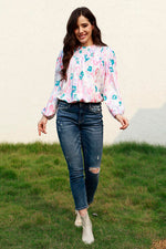 Floral Smocked Balloon Sleeve Round Neck Blouse - Ladyez