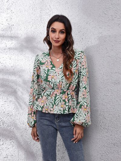 Floral V-Neck Balloon Sleeve Peplum Blouse - Ladyez