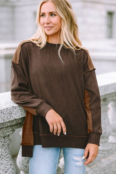 Ribbed Exposed Seam Dropped Shoulder Blouse - Ladyez