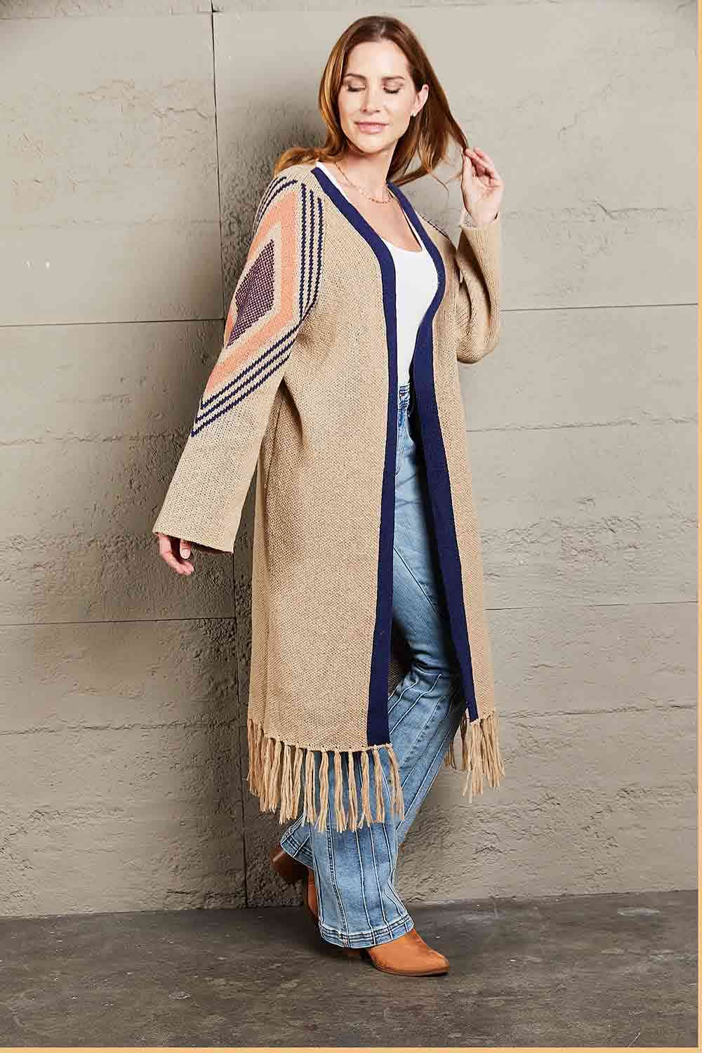 Double Take Geometric Fringe Hem Open Front Duster Cardigan - Ladyez