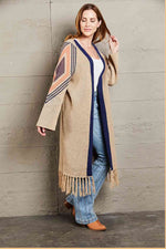 Double Take Geometric Fringe Hem Open Front Duster Cardigan - Ladyez