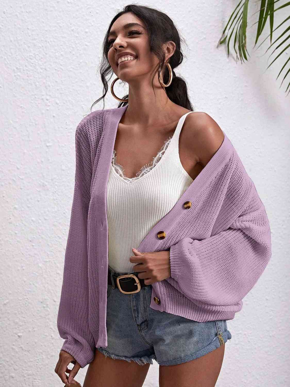 Button Down Dropped Shoulder Cardigan - Ladyez