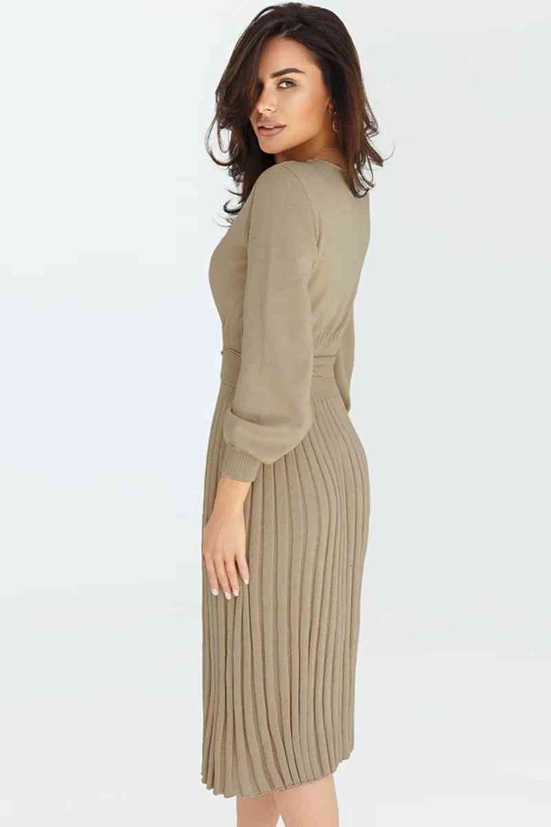 Round Neck Long Sleeve Pleated Sweater Dress - Ladyez