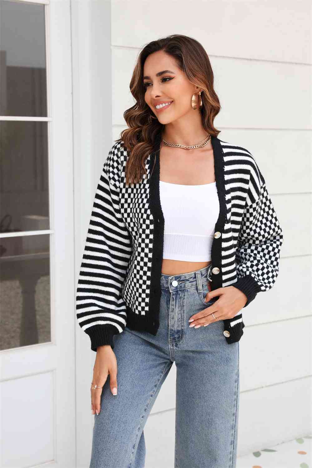 Button-Down Stripe & Plaid Contrast Pattern Cardigan - Ladyez
