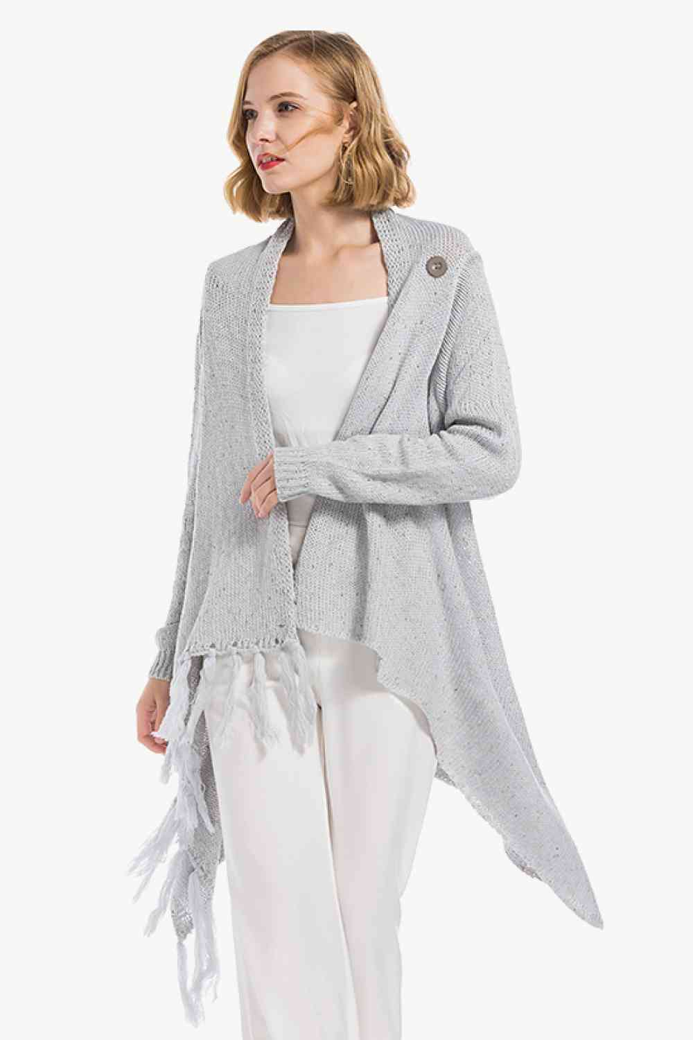 One-Button Tassel Tie Asymmetrical Hem Cardigan - Ladyez