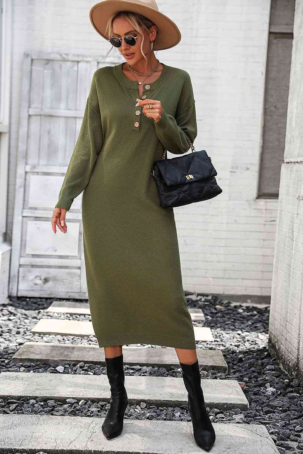 Notched Neck Dropped Shoulder Button-Down Midi Dress - Ladyez