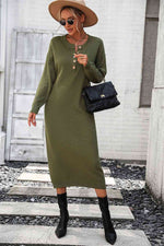 Notched Neck Dropped Shoulder Button-Down Midi Dress - Ladyez