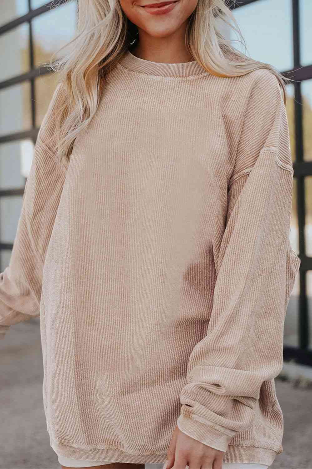 Ribbed Round Neck Drop Shoulder Sweatshirt - Ladyez