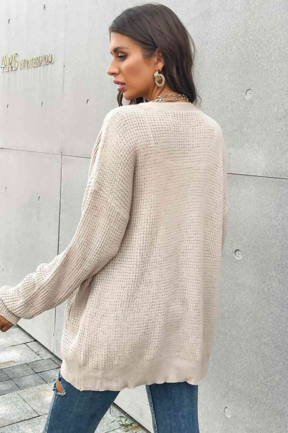 Button Front Drop Shoulder Waffle Cardigan - Ladyez