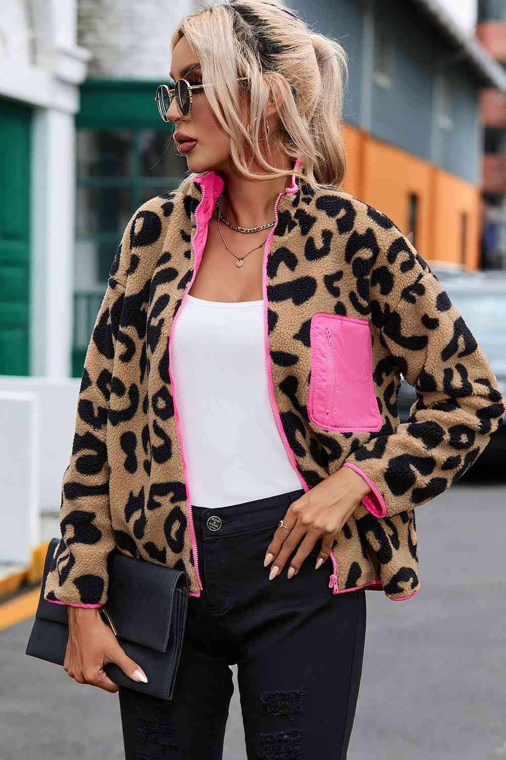 Leopard Zip-Up Dropped Shoulder Jacket - Ladyez