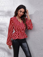 Plaid V-Neck Balloon Sleeve Peplum Blouse - Ladyez