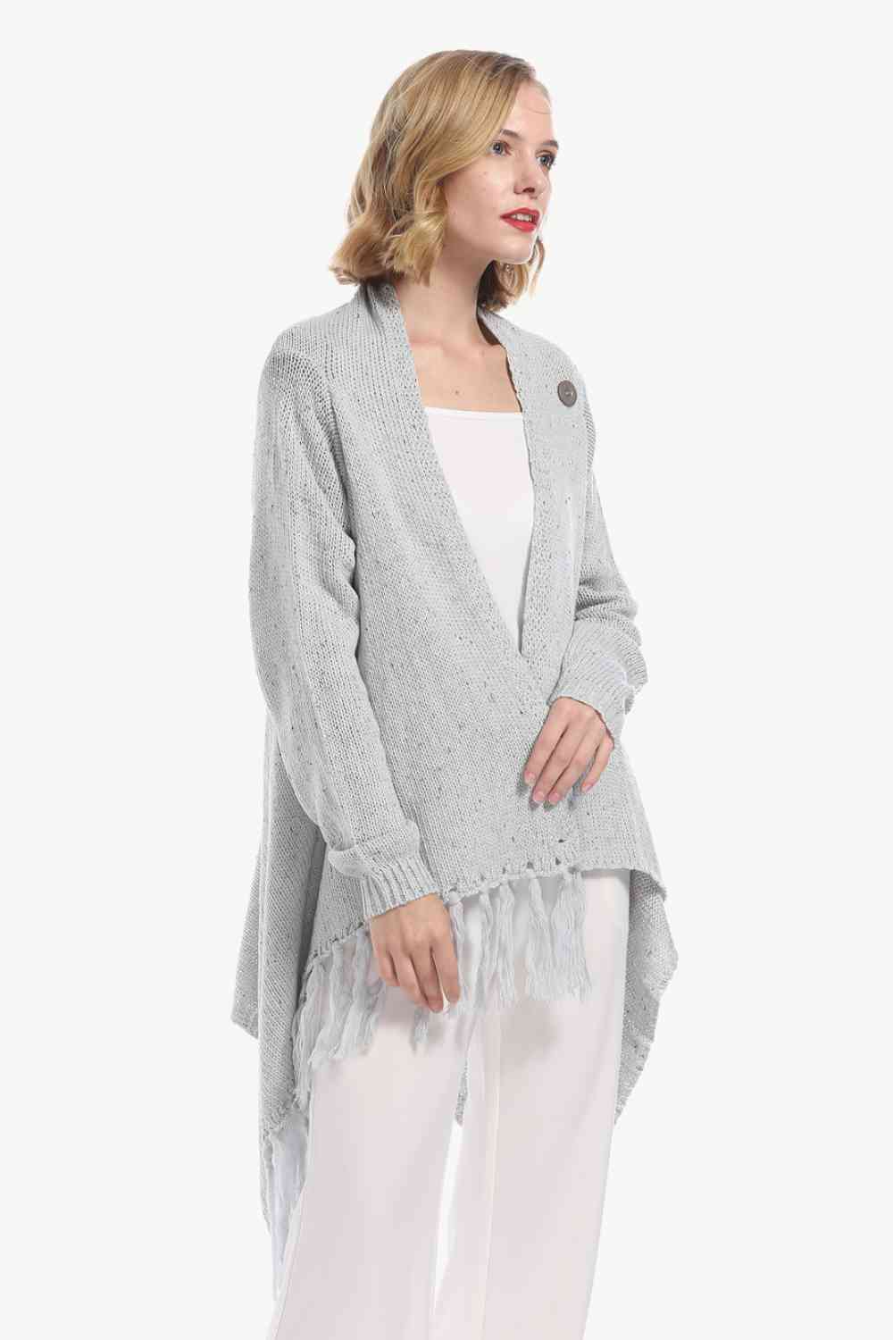 One-Button Tassel Tie Asymmetrical Hem Cardigan - Ladyez