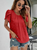 Swiss Dot Round Neck Petal Sleeve Top - Ladyez