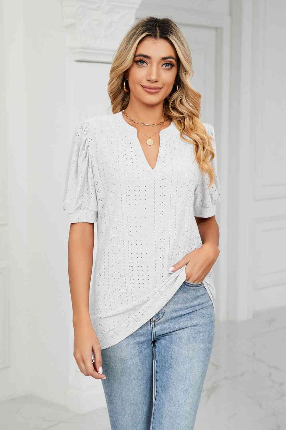 Eyelet Short Puff Sleeve Notched Neck Top - Ladyez