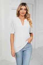 Eyelet Short Puff Sleeve Notched Neck Top - Ladyez