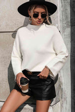 Mock Neck Dropped Shoulder Pullover Sweater - Ladyez