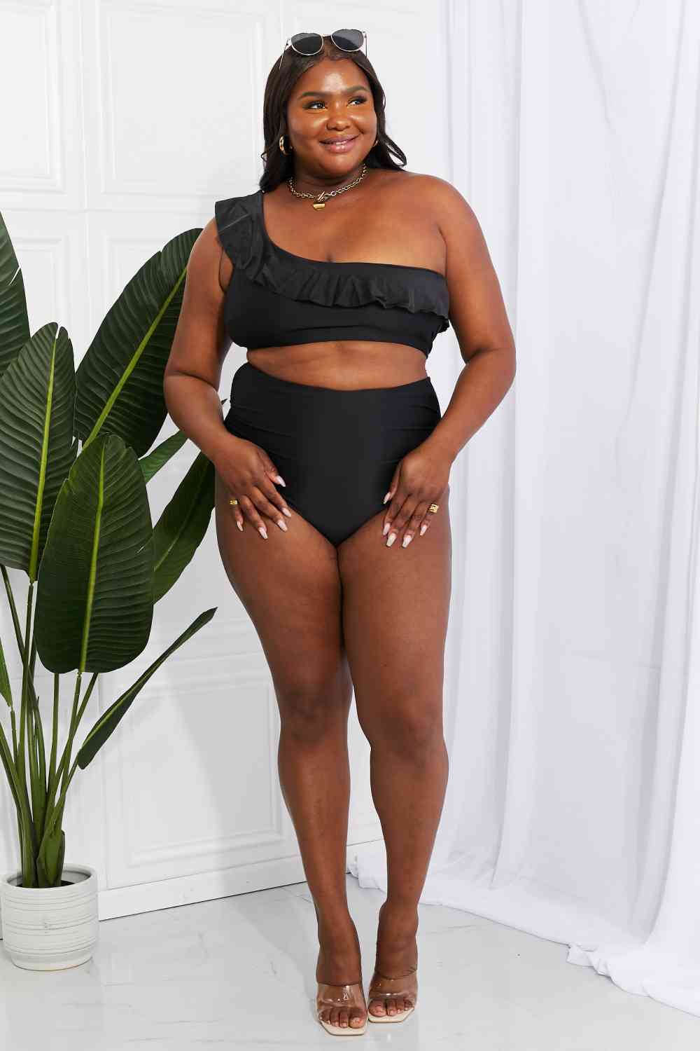 Marina West Swim Seaside Romance Ruffle One-Shoulder Bikini in Black - Ladyez