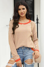 Striped Round Neck Drop Shoulder T-Shirt - Ladyez