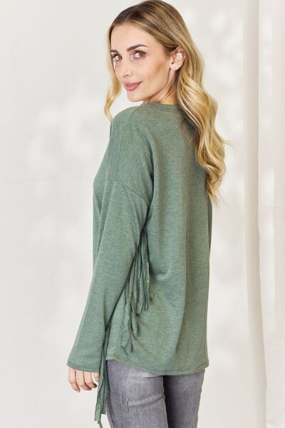 Celeste Full Size Fringe Detail Long Sleeve Top - Ladyez