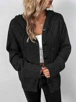 Button Up Drawstring Long Sleeve Hooded Cardigan - Ladyez