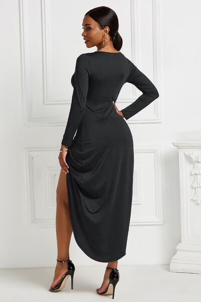 High-low Ruched Surplice Long Sleeve Dress - Ladyez