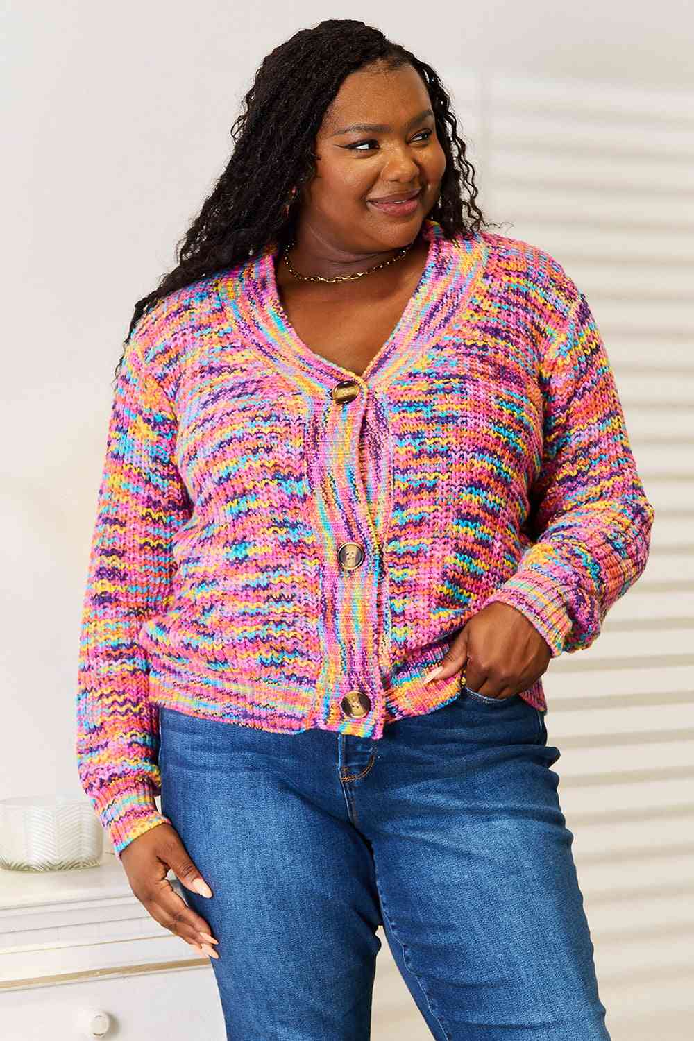 Woven Right V-Neck Long Sleeve Cardigan - Ladyez