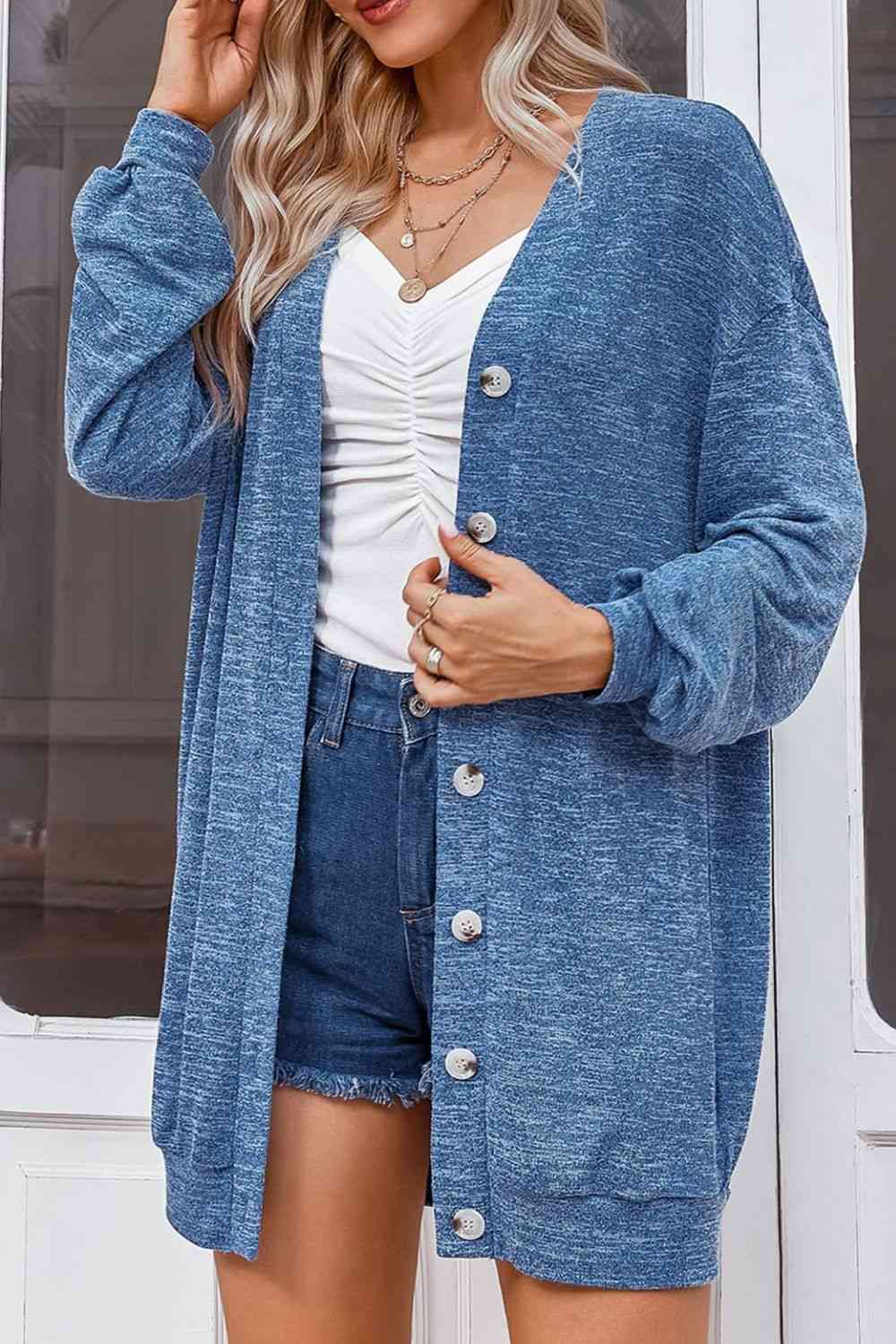 Buttoned V-Neck Long Sleeve Cardigans - Ladyez