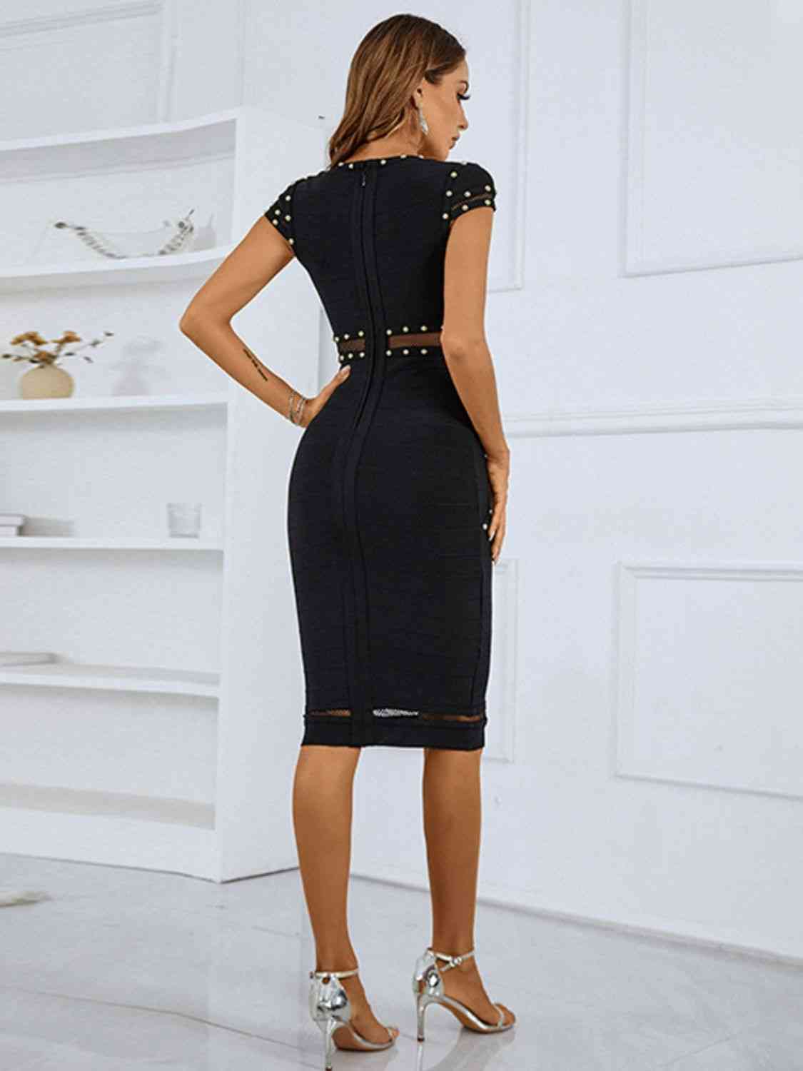 Studded Spliced Mesh V-Neck Dress - Ladyez