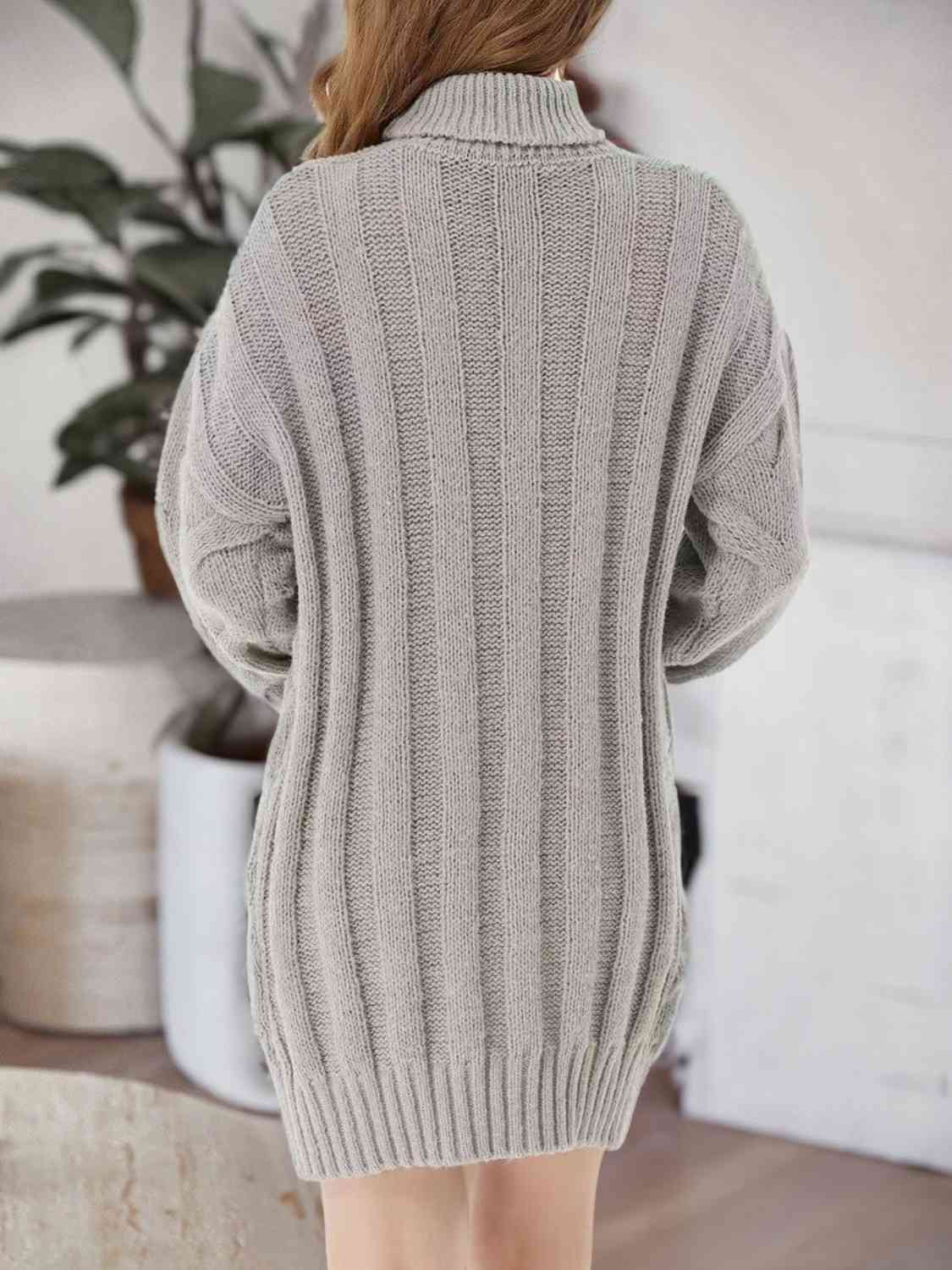 Cable-Knit Turtleneck Sweater Dress - Ladyez