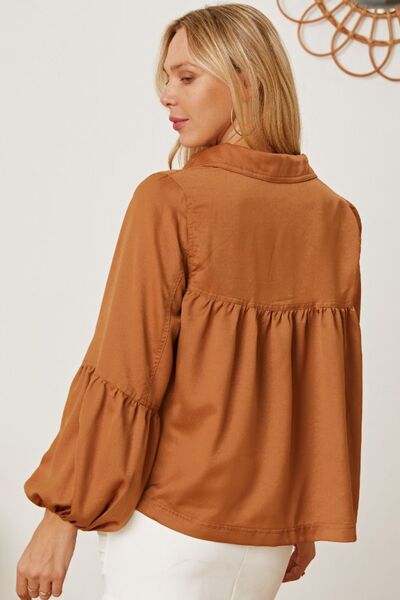 Balloon Sleeve Collared Neck Blouse - Ladyez