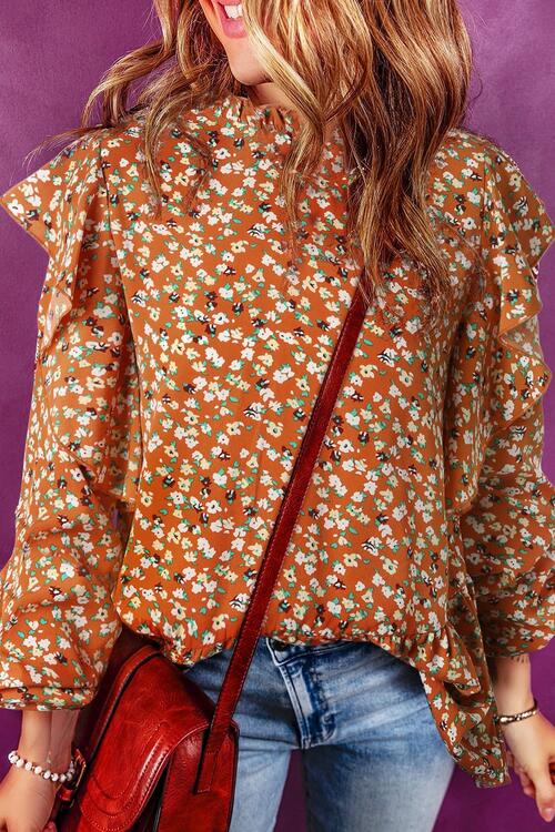 Floral Ruffled Long Sleeve Blouse - Ladyez