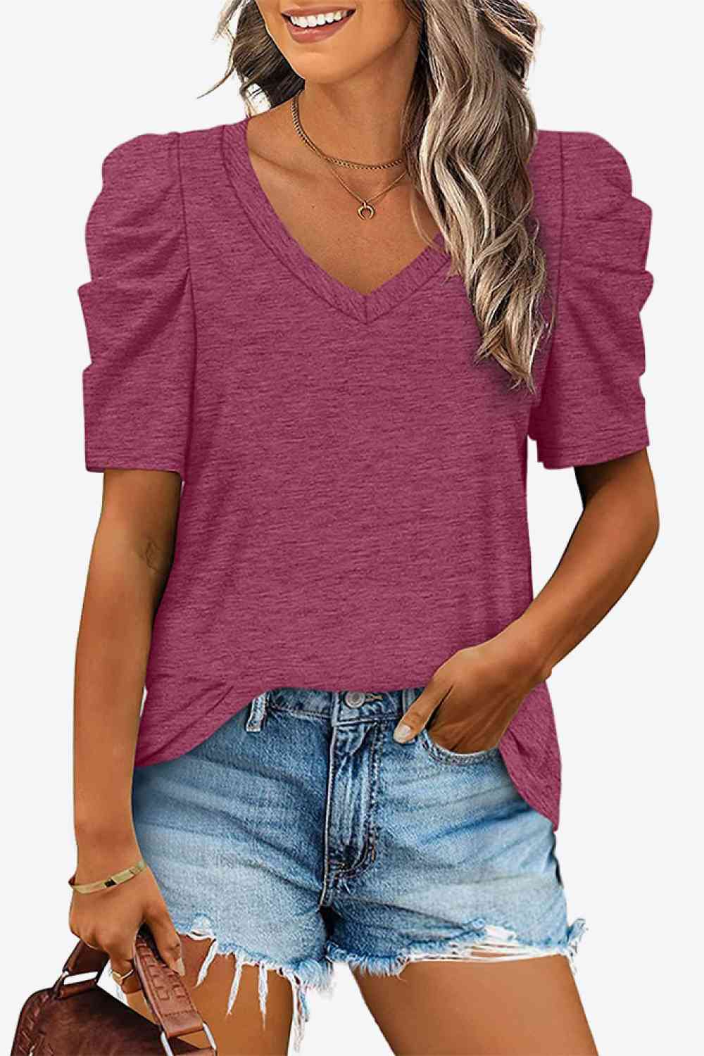 V-Neck Puff Sleeve Tee - Ladyez