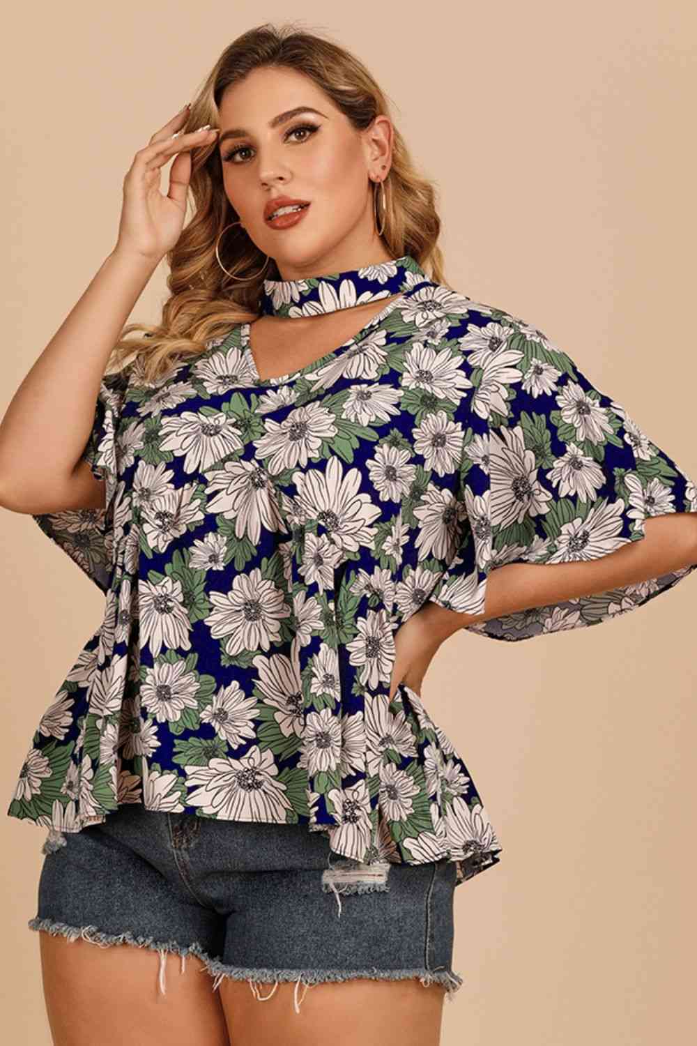 Plus Size Floral Flutter Sleeve Cutout Blouse - Ladyez
